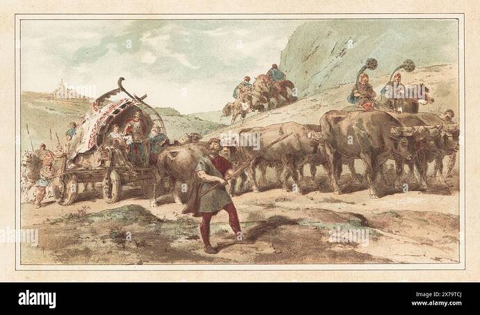 antiche-tribu-nervii-con-carro-e-scorta-comprese-le-corna-di-buccina-grande-carro-in-legno-ricoperto-di-pe...rt-di-edmond-cattier-historical-cortege-of-modes-of-transport-libraire-universelle-de-veuve-j-rozez-bruxelles-1886-2x79tcj