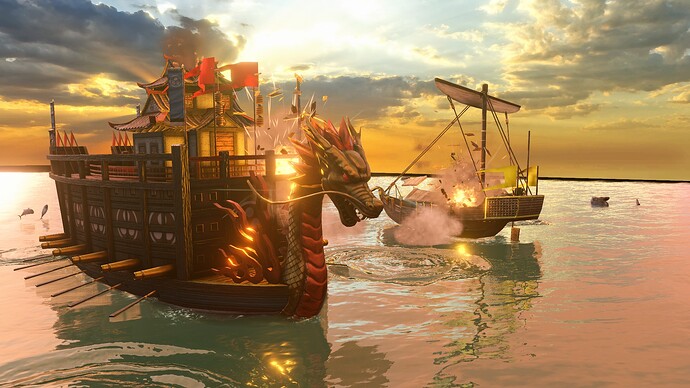 AoE III DE Japanese Atakebune battling Chinese Wokou Junk at sunrise