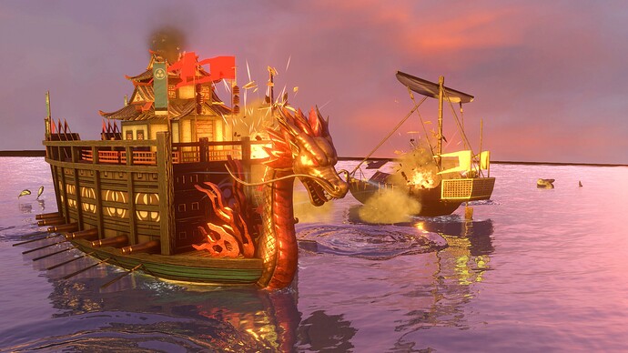 AoE III DE Japanese Atakebune battling Chinese Wokou Junk at sunset