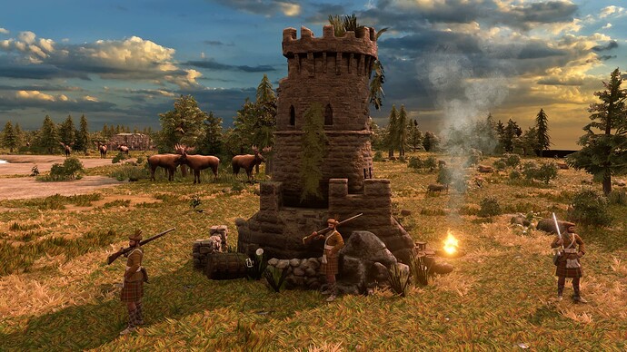 AoE III DE Highlanders camping at old rundown tower at sunrise