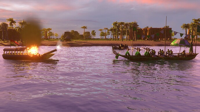 AoE III DE Ethiopians Cannon Boat attacked by Hausa Battle Canoe at sunset