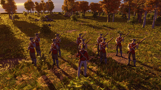 AoE III DE Militia Officer leading Canadian Militia at sunset