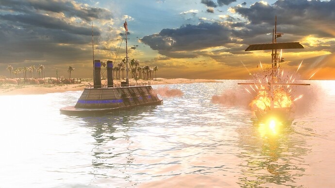 AoE III United States Ironclad sinking a Privateer at sunrise