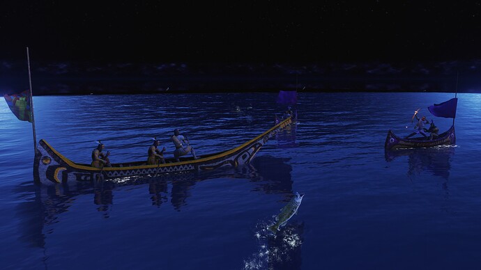 AoE III DE Aztec War Canoe about to battle two Haudenosaunee Canoes during the night
