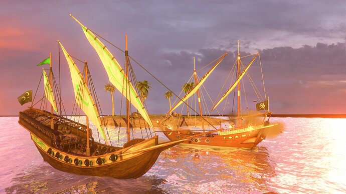 AoE III DE Hausa Xebec battling Ethiopians War Dhow at sunset