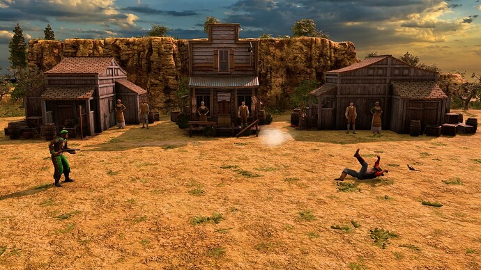 AoE III DE Bandido blows away a Gunslinger in a shootout at sunrise