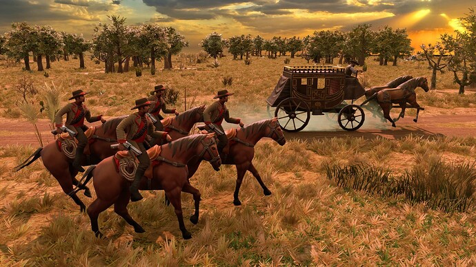 AoE III DE Cowboys Stagecoach heist at sunrise