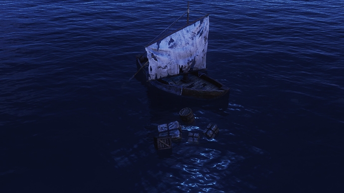 AoE III DE battered Fishing Boat with supplies fallen overboard during the night