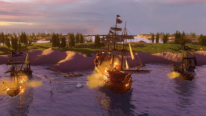 AoE III DE British Battleship battling Pirates at sunset