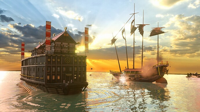 AoE III DE Japanese Tekkousen battling Chinese Fuchuan at sunrise