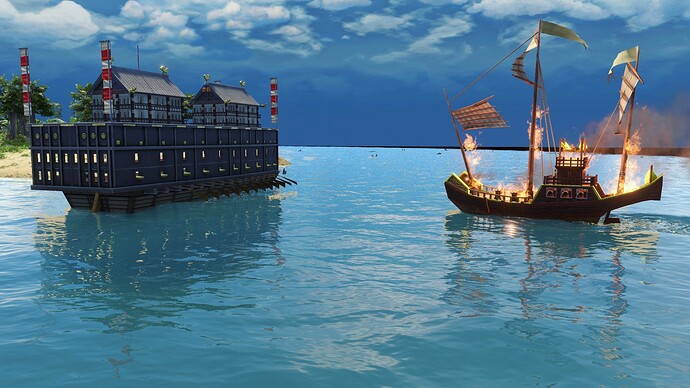 AoE III DE Japanese Tekkousen about to be hit by Chinese Fire Junk during the day