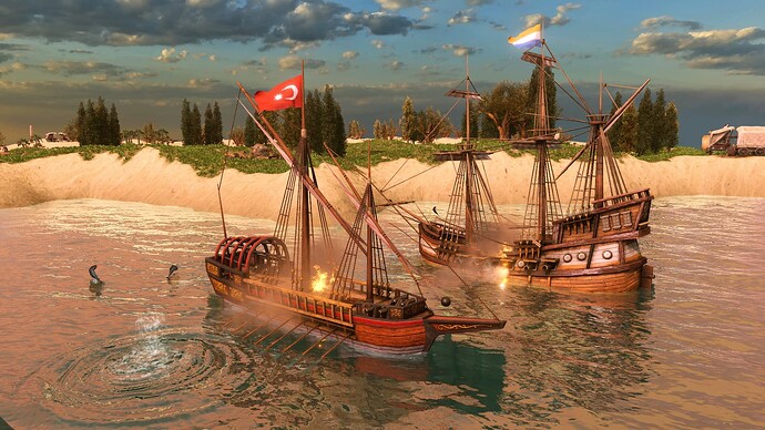 AoE III DE Ottoman Galley attacks Dutch Fluyt at sunrise