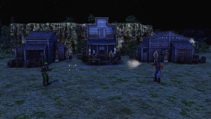 AoE III DE Bandido in a shootout with a Gunslinger during the night