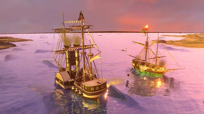 AoE III DE United States Steamer battling Mexican Sloop at sunset