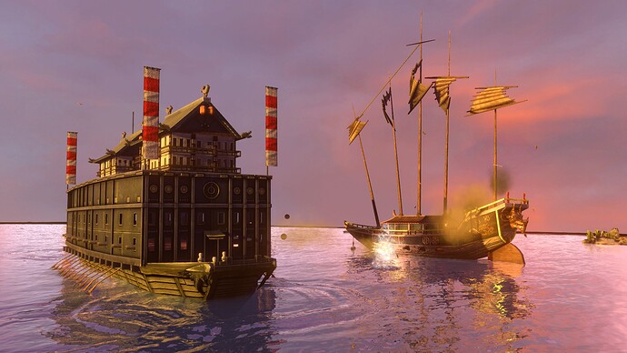 AoE III DE Japanese Tekkousen battling Chinese Fuchuan at sunset