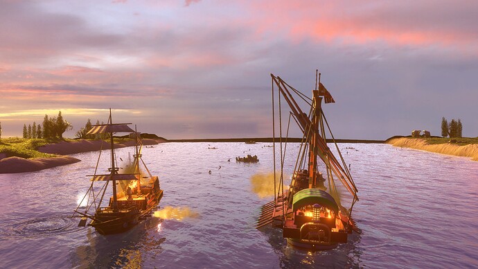 AoE III Spanish Galleon battles a Italian Galleass at sunset