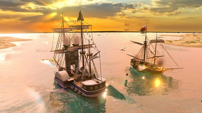 AoE III DE United States Steamer battling Mexican Sloop at sunrise