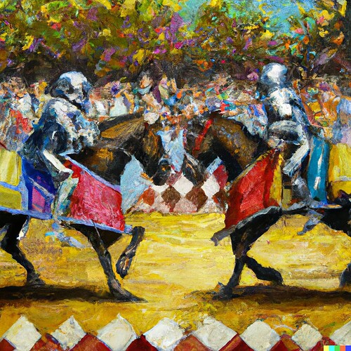 DALL·E 2022-12-04 11.40.14 - oil painting of knights jousting at a medieval festival