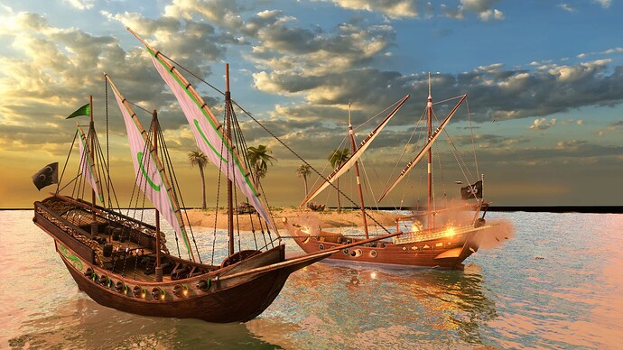 AoE III DE Hausa Xebec battling Ethiopians War Dhow at sunrise