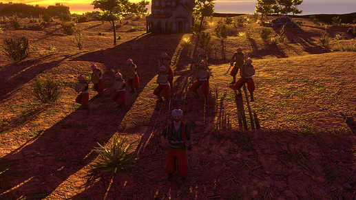 AoE III DE Corsair Captain leading his Barbary Warriors at sunset