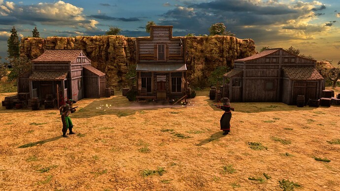 AoE III DE Bandido in a shootout with a Owlhoot at sunrise