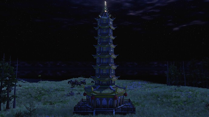 AoE III Porcelain Tower during the night