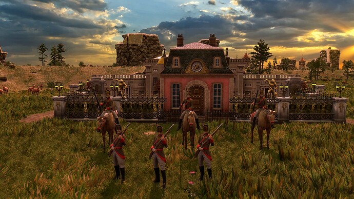 AoE III DE House of Habsburg Dismounted Infantry and Mounted Infantry at sunrise