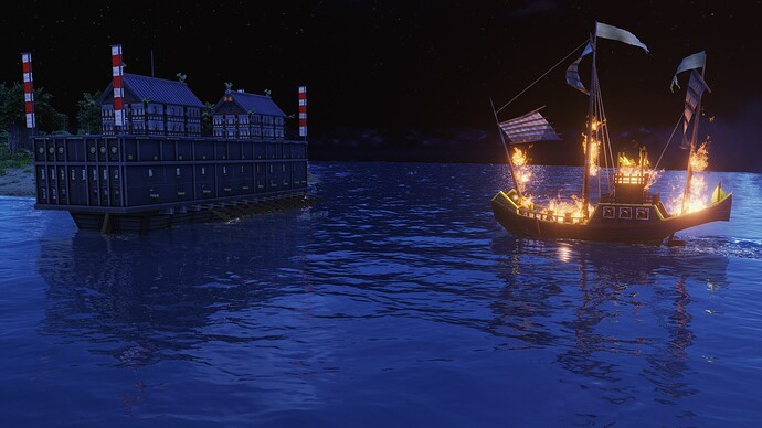 AoE III DE Japanese Tekkousen about to be hit by Chinese Fire Junk during the night