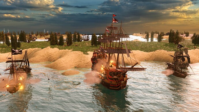 AoE III DE British Battleship battling Pirates at sunrise