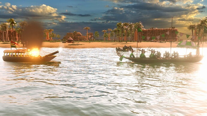 AoE III DE Ethiopians Cannon Boat attacked by Hausa Battle Canoe at sunrise