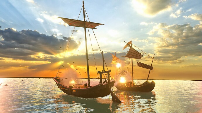 AoE III DE Japanese Fune battling Chinese War Junk at sunrise