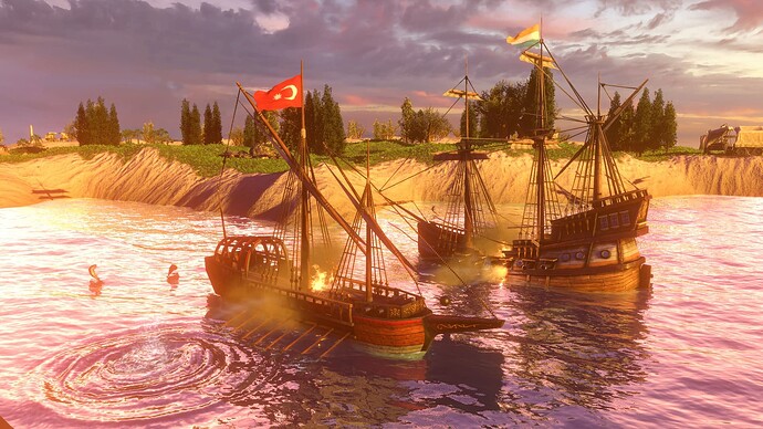 AoE III DE Ottoman Galley attacks Dutch Fluyt at sunset