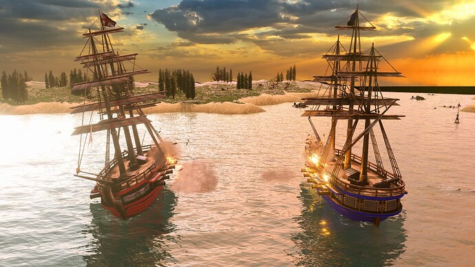 AoE III DE British and French Frigates engaged in battle at sunrise