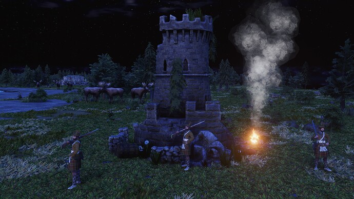 AoE III DE Highlanders camping at old rundown tower during the night
