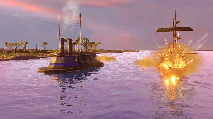 AoE III United States Ironclad sinking a Privateer at sunset