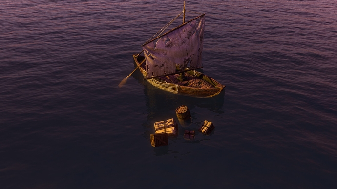AoE III DE battered Fishing Boat with supplies fallen overboard at sunset