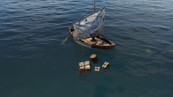 AoE III DE battered Fishing Boat with supplies fallen overboard during the day