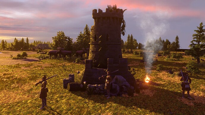 AoE III DE Highlanders camping at old rundown tower at sunset