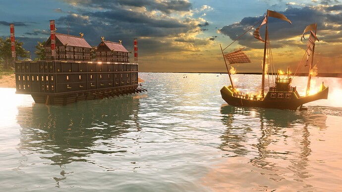 AoE III DE Japanese Tekkousen about to be hit by Chinese Fire Junk at sunrise