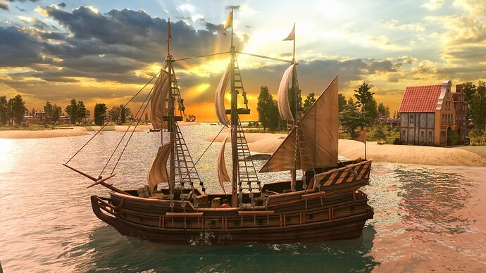 AoE III DE Trade Galleon at sunrise