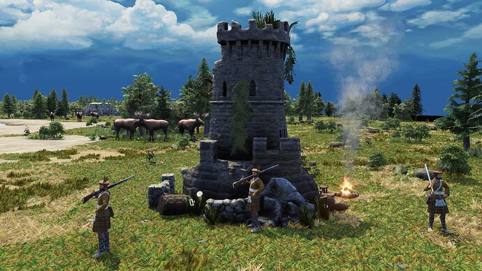 AoE III DE Highlanders camping at old rundown tower during the day