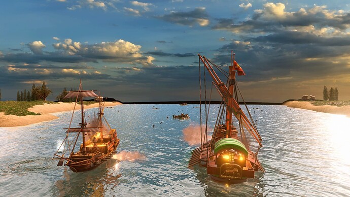 AoE III Spanish Galleon battles a Italian Galleass at sunrise