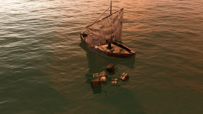 AoE III DE battered Fishing Boat with supplies fallen overboard at sunrise