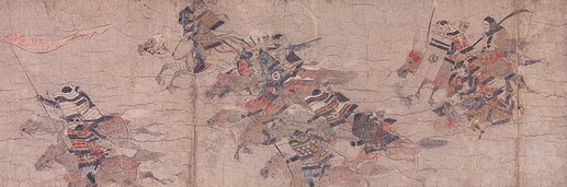 mounted Samurai holding a sword and a tedate while riding
