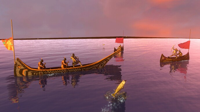 AoE III DE Aztec War Canoe about to battle two Haudenosaunee Canoes at sunset
