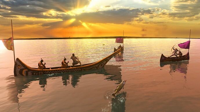 AoE III DE Aztec War Canoe about to battle two Haudenosaunee Canoes at sunrise